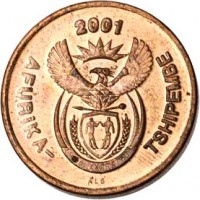 obverse of 2 Cents - AFURIKA-TSHIPEMBE (2000 - 2001) coin with KM# 222 from South Africa. Inscription: AFURIKA - TSHIPEMBE ALS