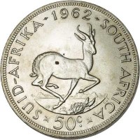 reverse of 50 Cents (1961 - 1964) coin with KM# 62 from South Africa. Inscription: 1962 SUID AFRIKA SOUTH AFRICA 50c