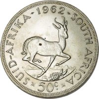 South Africa coin 50 Cents (1961 - 1964) reverse reverse of 50 Cents (1961 - 1964) coin with KM# 62 from South Africa. Inscription: 1962 SUID AFRIKA SOUTH AFRICA 50c