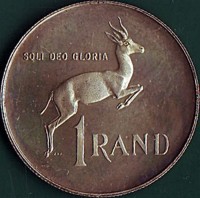 reverse of 1 Rand - SOUTH AFRICA (1965 - 1968) coin with KM# 71.1 from South Africa. Inscription: SOLI DEO GLORIA J.V Z. 1 RAND