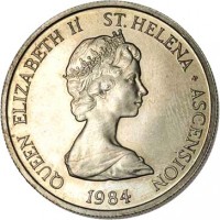 obverse of 5 Pence - Elizabeth II - 2'nd Portrait; Larger (1984) coin with KM# 3 from Saint Helena and Ascension. Inscription: QUEEN ELIZABETH II. ST. HELENA + ASCENSION 1984