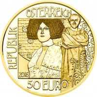 reverse of 50 Euro - Klimt and his Women: The Kiss (2016) coin with KM# 3253 from Austria. Inscription: REPUBLIK ÖSTERREICH 2016 50 EURO