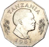 obverse of 5 Shilingi (1987 - 1989) coin with KM# 23 from Tanzania. Inscription: TANZANIA 1987