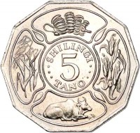 Tanzania coin 5 Shilingi (1987 - 1989) reverse reverse of 5 Shilingi (1987 - 1989) coin with KM# 23 from Tanzania. Inscription: SHILINGI 5 TANO