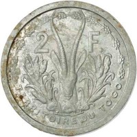 Togo coin 2 Francs (1948) reverse reverse of 2 Francs (1948) coin with KM# 5 from Togo. Inscription: 2 F. TERRITOIRE DU TOGO