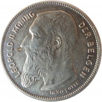 obverse of 2 Francs - Léopold II - Dutch text (1904 - 1909) coin with KM# 59 from Belgium. Inscription: LEOPOLD II KONING DER BELGEN TH. VINÇOTTE