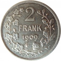 reverse of 2 Francs - Léopold II - Dutch text (1904 - 1909) coin with KM# 59 from Belgium. Inscription: 2 FRANK 1909