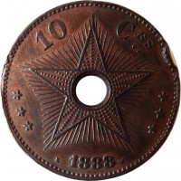 reverse of 10 Centimes - Léopold II (1887 - 1894) coin with KM# 4 from Belgian Congo. Inscription: *** 10 Ces *** L 1888 W