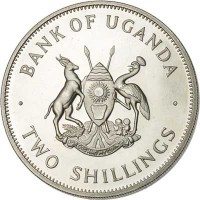 Uganda coin 2 Shillings (1966) obverse obverse of 2 Shillings (1966) coin with KM# 6 from Uganda. Inscription: · BANK OF UGANDA · FOR GOD AND MY COUNTRY TWO SHILLINGS