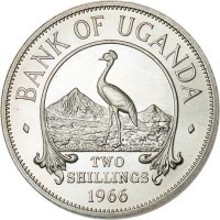 Uganda coin 2 Shillings (1966) reverse reverse of 2 Shillings (1966) coin with KM# 6 from Uganda. Inscription: · BANK OF UGANDA · TWO SHILLINGS 1966