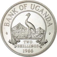 reverse of 2 Shillings (1966) coin with KM# 6 from Uganda. Inscription: · BANK OF UGANDA · TWO SHILLINGS 1966