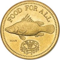 Uganda coin 200 Shillings - 50th Anniversary to FAO (1995) reverse reverse of 200 Shillings - 50th Anniversary to FAO (1995) coin with KM# 148 from Uganda. Inscription: FOOD FOR ALL mnuri FAO FIAT PANIS 1945-1995