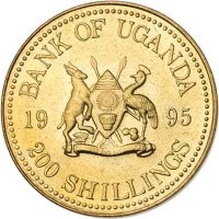 obverse of 200 Shillings - 50th Anniversary to FAO (1995) coin with KM# 148 from Uganda. Inscription: BANK OF UGANDA 19 95 FOR GOD AND MY COUNTRY 200 SHILLINGS