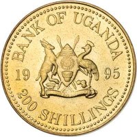 Uganda coin 200 Shillings - 50th Anniversary to FAO (1995) obverse obverse of 200 Shillings - 50th Anniversary to FAO (1995) coin with KM# 148 from Uganda. Inscription: BANK OF UGANDA 19 95 FOR GOD AND MY COUNTRY 200 SHILLINGS