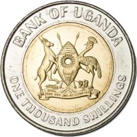 obverse of 1000 Shillings - 50th Anniversary of Independence (2012) coin with KM# 278 from Uganda. Inscription: BANK OF UGANDA ONE THOUSAND SHILLINGS