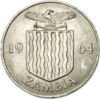 obverse of 1 Shilling (1964) coin with KM# 2 from Zambia. Inscription: 19 64 ZAMBIA