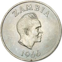 obverse of 2 Shillings (1966) coin with KM# 8 from Zambia. Inscription: ZAMBIA 1966