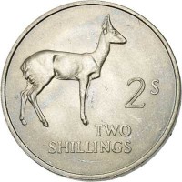 reverse of 2 Shillings (1966) coin with KM# 8 from Zambia. Inscription: 2 S TWO SHILLINGS