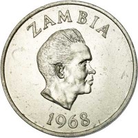 obverse of 20 Ngwee (1968 - 1988) coin with KM# 13 from Zambia. Inscription: ZAMBIA 1968