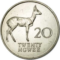reverse of 20 Ngwee (1968 - 1988) coin with KM# 13 from Zambia. Inscription: 20 TWENTY NGWEE