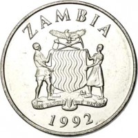 obverse of 25 Ngwee (1992) coin with KM# 29 from Zambia. Inscription: ZAMBIA 1992