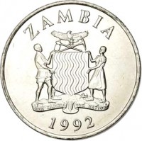 obverse of 50 Ngwee (1992) coin with KM# 30 from Zambia. Inscription: ZAMBIA 1992