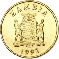 obverse of 1 Kwacha (1992) coin with KM# 38 from Zambia. Inscription: ZAMBIA 1992