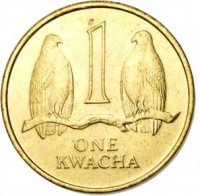 reverse of 1 Kwacha (1992) coin with KM# 38 from Zambia. Inscription: 1 ONE KWACHA