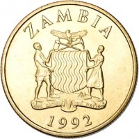 obverse of 10 Kwacha (1992) coin with KM# 32 from Zambia. Inscription: ZAMBIA 1992