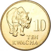 reverse of 10 Kwacha (1992) coin with KM# 32 from Zambia. Inscription: 10 TEN KWACHA