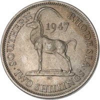 reverse of 2 Shillings - George VI (1947) coin with KM# 19b from Southern Rhodesia. Inscription: SOUTHERN RHODESIA 1947 · TWO SHILLINGS ·