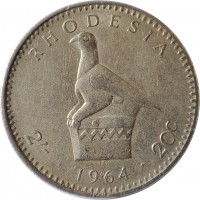 reverse of 2 Shillings - Elizabeth II - 2'nd Portrait (1964) coin with KM# 3 from Rhodesia. Inscription: RHODESIA 2/- · 1964 · 20c