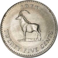 reverse of 25 Cents (1975) coin with KM# 16 from Rhodesia. Inscription: 1975 T.S. TWENTY FIVE CENTS