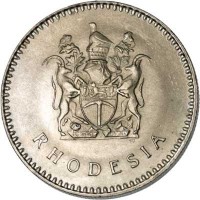 obverse of 25 Cents (1975) coin with KM# 16 from Rhodesia. Inscription: T.S. RHODESIA