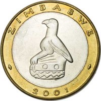 obverse of 5 Dollars (2001 - 2003) coin with KM# 13 from Zimbabwe. Inscription: ZIMBABWE 2001