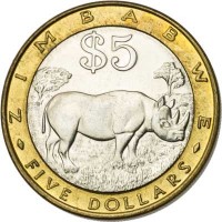 Zimbabwe coin 5 Dollars (2001 - 2003) reverse reverse of 5 Dollars (2001 - 2003) coin with KM# 13 from Zimbabwe. Inscription: ZIMBABWE $5 FIVE DOLLARS
