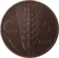 reverse of 5 Centesimi - Vittorio Emanuele III (1919 - 1937) coin with KM# 59 from Italy. Inscription: C. 5 1937 R