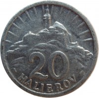 reverse of 20 Halierov (1942 - 1943) coin with KM# 4a from Slovakia. Inscription: 20 HALIEROV