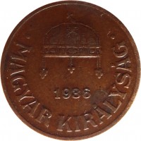 Hungary coin 1 Fillér - Miklós Horthy (1926 - 1939) obverse obverse of 1 Fillér - Miklós Horthy (1926 - 1939) coin with KM# 505 from Hungary. Inscription: 1936 · MAGYAR KIRÁLYSÁG ·