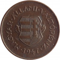 obverse of 2 Fillér (1946 - 1947) coin with KM# 529 from Hungary. Inscription: MAGYAR · ÁLLAMI · VÁLTOPENZ · 1947 ·