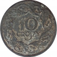 Poland coin 10 Groszy - WWII German Occupation (1941 - 1944) reverse reverse of 10 Groszy - WWII German Occupation (1941 - 1944) coin with Y# 36 from Poland. Inscription: 10 GROSZY