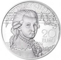 obverse of 20 Euro - Amadeus: the Genius (2016) coin with KM# 3254 from Austria. Inscription: REPUBLIK ÖSTERREICH 20 EURO 2016