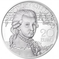 Austria coin 20 Euro - Amadeus: the Genius (2016) obverse obverse of 20 Euro - Amadeus: the Genius (2016) coin with KM# 3254 from Austria. Inscription: REPUBLIK ÖSTERREICH 20 EURO 2016