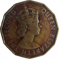 Fiji coin 3 Pence - Elizabeth II - 1'st Portrait (1955 - 1967) obverse obverse of 3 Pence - Elizabeth II - 1'st Portrait (1955 - 1967) coin with KM# 22 from Fiji. Inscription: QUEEN ELIZABETH THE SECOND