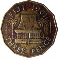 reverse of 3 Pence - Elizabeth II - 1'st Portrait (1955 - 1967) coin with KM# 22 from Fiji. Inscription: FIJI 1961 THREE PENCE