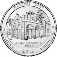United States coin 1/4 Dollar - Harpers Ferry National Historical Park - Washington Quarter (2016) reverse reverse of 1/4 Dollar - Harpers Ferry National Historical Park - Washington Quarter (2016) coin with KM# 637 from United States. Inscription: HARPERS FERRY JOHN BROWN’S FORT WEST VIRGINIA E PLURIBUS UNUM 2016
