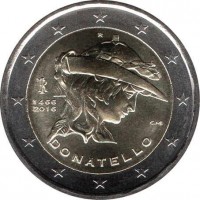 obverse of 2 Euro - 550th Anniversary of the Death of Donatello (2016) coin with KM# 393 from Italy. Inscription: R RI 1466 2016 C.M. DONATELLO