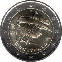 Italy coin 2 Euro - 550th Anniversary of the Death of Donatello (2016) obverse obverse of 2 Euro - 550th Anniversary of the Death of Donatello (2016) coin with KM# 393 from Italy. Inscription: R RI 1466 2016 C.M. DONATELLO