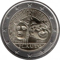 obverse of 2 Euro - 2200th Anniversary of the Death of Tito Maccio Plauto (2016) coin with KM# 392 from Italy. Inscription: RI R LDS 184 A.C. 2016 PLAUTO