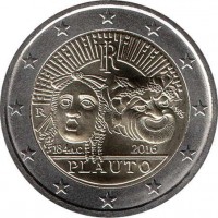 Italy coin 2 Euro - 2200th Anniversary of the Death of Tito Maccio Plauto (2016) obverse obverse of 2 Euro - 2200th Anniversary of the Death of Tito Maccio Plauto (2016) coin with KM# 392 from Italy. Inscription: RI R LDS 184 A.C. 2016 PLAUTO